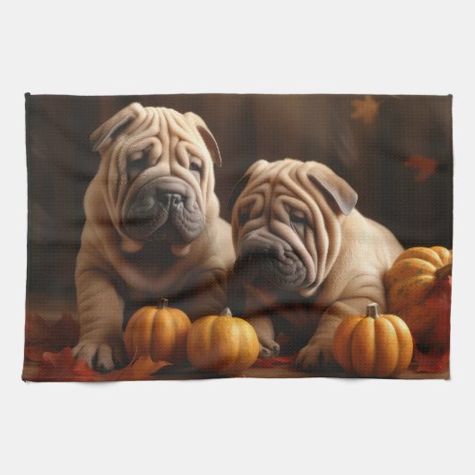 Shar Pei Pup Autumn Delight Pompoen Theedoek (Horizontaal)