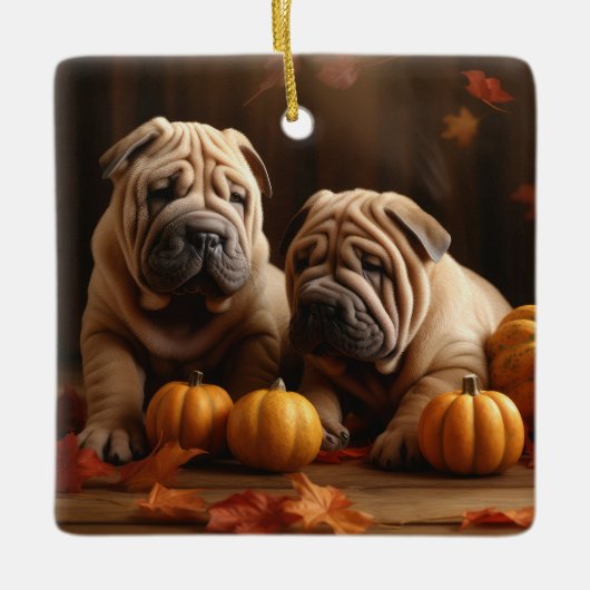 Shar Pei Puppy Herfst Delight Pompoen Keramisch Ornament (Voorkant)