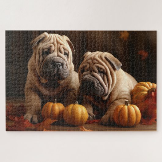 Shar Pei Puppy Herfst Delight Pompoen Legpuzzel (Horizontaal)