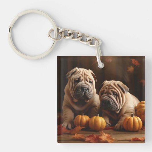 Shar Pei Puppy Herfst Delight Pompoen Sleutelhanger (Voorkant)