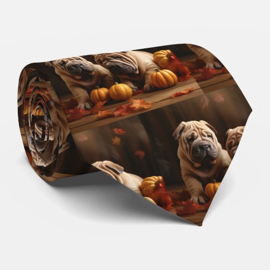 Shar Pei Puppy Herfst Delight Pompoen Stropdas (Opgerold)
