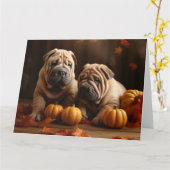 Shar Pei Puppy Herfstplezier Pompoen Kaart (Gele Bloem)