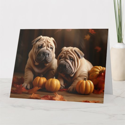 Shar Pei Puppy Herfstplezier Pompoen Kaart (Voorkant)