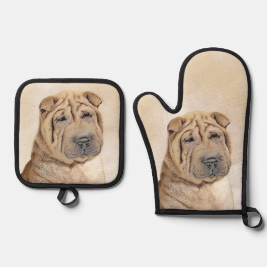 Shar Pei Schilderij Fawn Rimpel Originele Hond Art Ovenwant & Pannenlap Set (Voorkant)