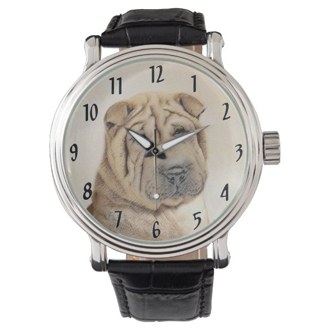 Shar Pei-schildering - Cute Original Dog Art Horloge (Voorkant)
