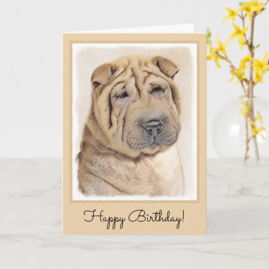 Shar Pei-schildering - Cute Original Dog Art Kaart (Gele Bloem)