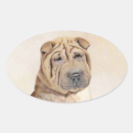 Shar Pei-schildering - Cute Original Dog Art Ovale Sticker (Voorkant)