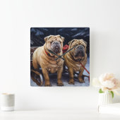 Shar Pei Sneeuw slee Christmas decoratie Vierkante Klok (Huis)