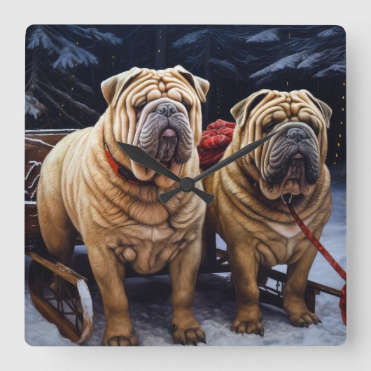 Shar Pei Sneeuw slee Christmas decoratie Vierkante Klok (Voorkant)