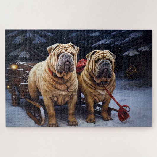 Shar Pei Sneeuw slee Kerstmis decoratie Legpuzzel (Horizontaal)
