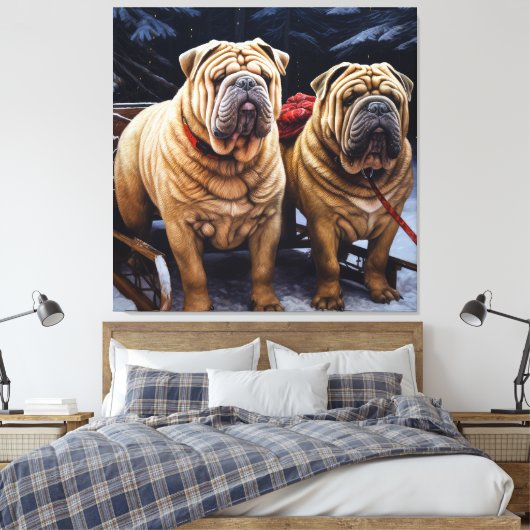 Shar Pei Snowy Sleigh Kerst Decor Canvas Afdruk (Insitu (Slaapkamer))