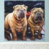 Shar Pei Snowy Sleigh Kerst Decor Canvas Afdruk (Insitu (Houten vloer))