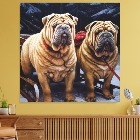 Shar Pei Snowy Sleigh Kerst Decor Canvas Afdruk (Insitu (Woonkamer))