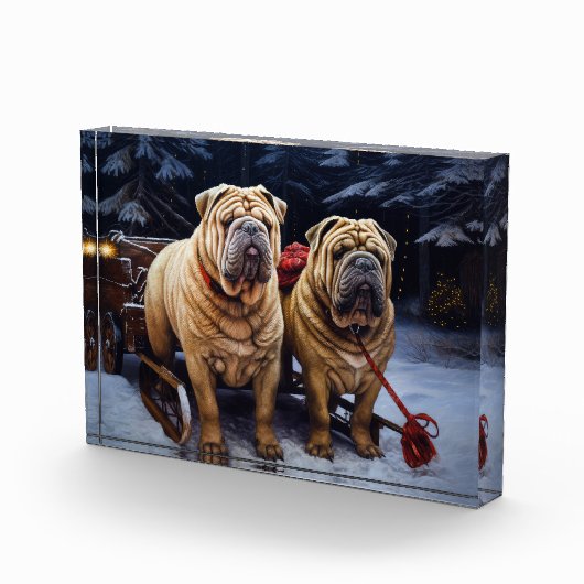 Shar Pei Snowy Sleigh Kerst Decor Fotoblokken (Rechts)
