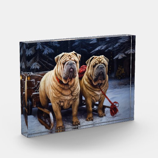 Shar Pei Snowy Sleigh Kerst Decor Fotoblokken (Links)