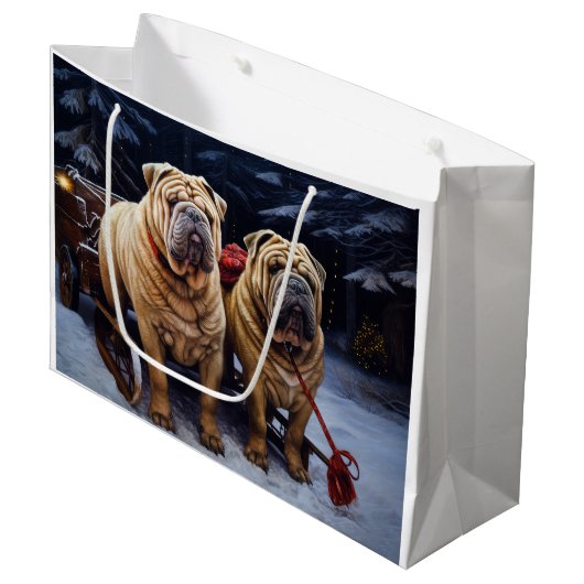 Shar Pei Snowy Sleigh Kerst Decor Groot Cadeauzakje (Voorkant Gekanteld)