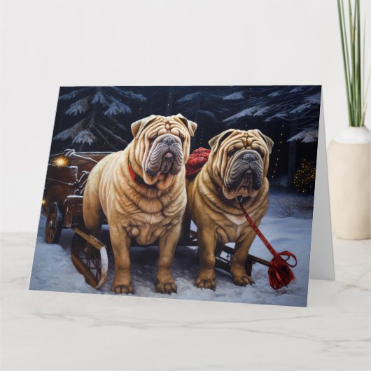 Shar Pei Snowy Sleigh Kerst Decor Kaart (Voorkant)