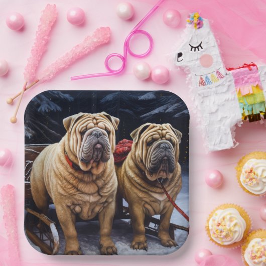 Shar Pei Snowy Sleigh Kerst Decor Papieren Bordje (Feest)
