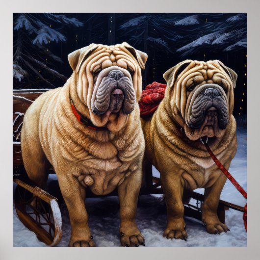 Shar Pei Snowy Sleigh Kerst Decor Poster (Voorkant)