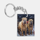 Shar Pei Snowy Sleigh Kerst Decor Sleutelhanger (Voorkant Links)