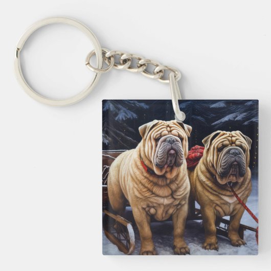 Shar Pei Snowy Sleigh Kerst Decor Sleutelhanger (Voorkant)