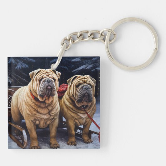 Shar Pei Snowy Sleigh Kerst Decor Sleutelhanger (Achterkant)