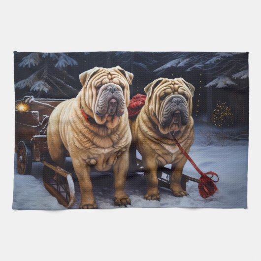 Shar Pei Snowy Sleigh Kerst Decor Theedoek (Horizontaal)