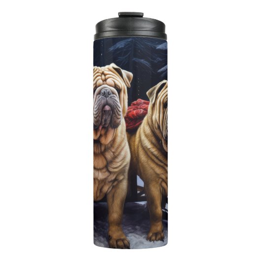 Shar Pei Snowy Sleigh Kerst Decor Thermosbeker (Voorkant)