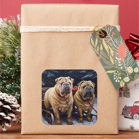 Shar Pei Snowy Sleigh Kerst Decor Vierkante Sticker (Feestdagen)