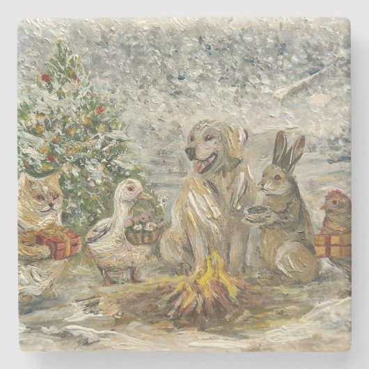 Shared Warmth Whimsical Farmhouse Animals Campfire Stenen Onderzetter (Voorkant)