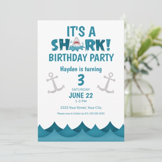 Shark 3e verjaardag uitnodiging (Staand voorkant)
