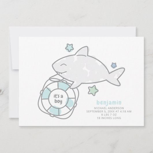 Shark Ahoy Baby Jongen Geboorte Aankondiging (Voorkant)