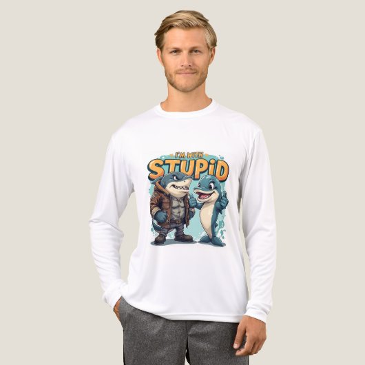 Shark and Dolphin "I'm With Stupid" Funny design Tri-Blend Shirt (Voorkant)