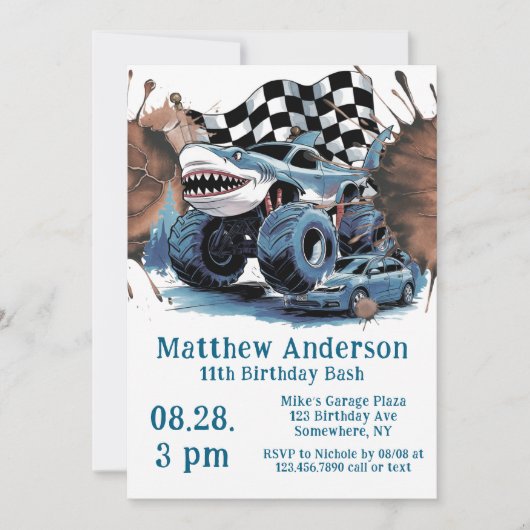 Shark Attack Monster Truck Verjaardag Bash Kaart (Voorkant)