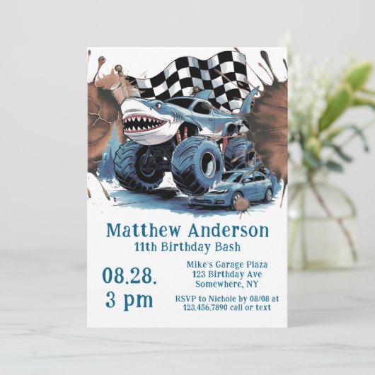 Shark Attack Monster Truck Verjaardag Bash Kaart (Staand voorkant)