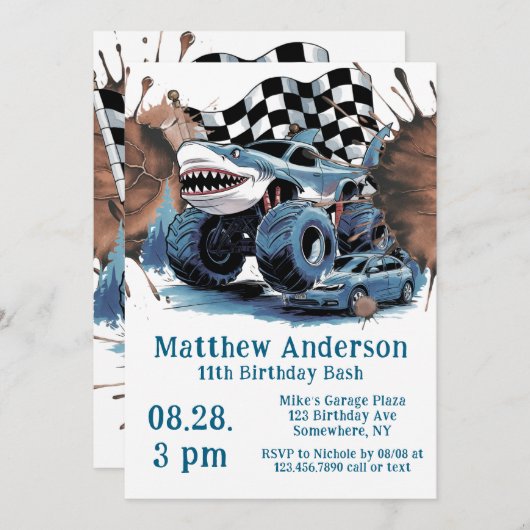 Shark Attack Monster Truck Verjaardag Bash Kaart (Voorkant / Achterkant)