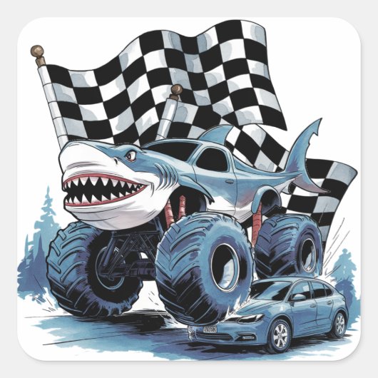 Shark Attack Monster Truck Verjaardag Bash Vierkante Sticker (Voorkant)
