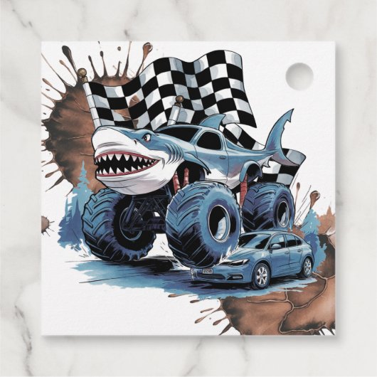 Shark Attack Monster Truck Verjaardag Bash Welkom Bedankjes Labels (Achterkant)