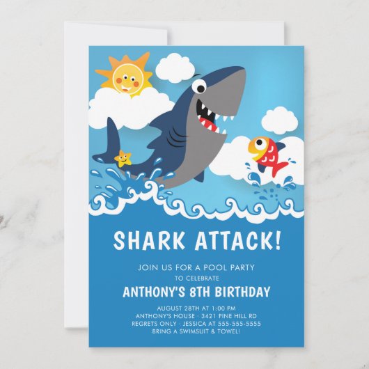 Shark Attack Pool Party Verjaardag Uitnodiging (Voorkant)