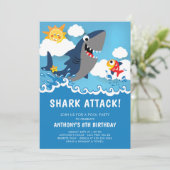 Shark Attack Pool Party Verjaardag Uitnodiging (Staand voorkant)