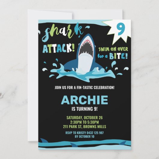 Shark Attack Verjaardagsfeestje Shark Boys Pool Pa Kaart (Voorkant)