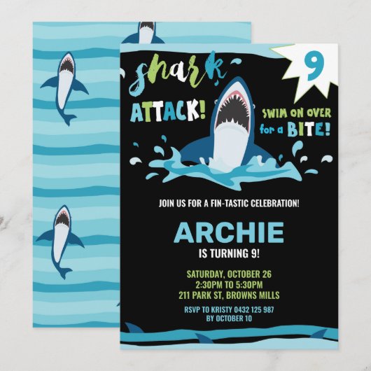 Shark Attack Verjaardagsfeestje Shark Boys Pool Pa Kaart (Voorkant / Achterkant)