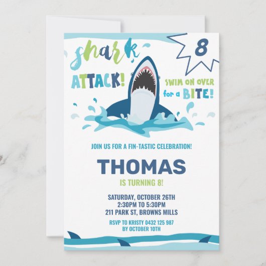 Shark Attack Verjaardagsfeestje Shark Boys Pool Pa Kaart (Voorkant)