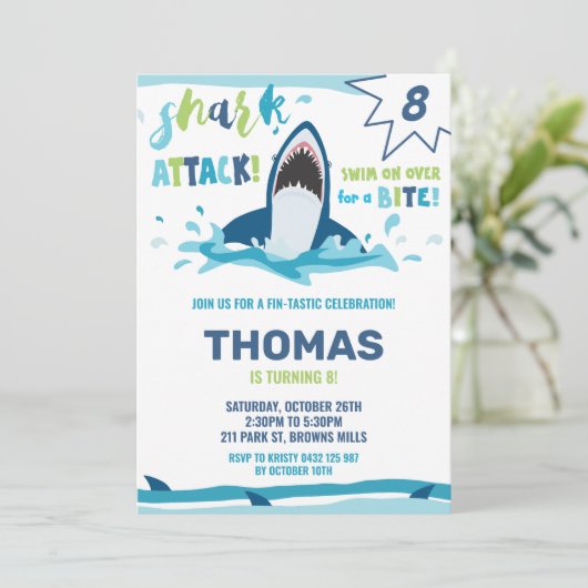 Shark Attack Verjaardagsfeestje Shark Boys Pool Pa Kaart (Staand voorkant)