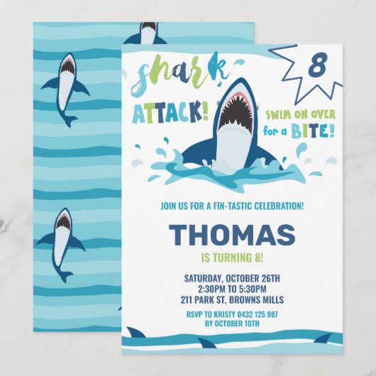 Shark Attack Verjaardagsfeestje Shark Boys Pool Pa Kaart (Voorkant / Achterkant)