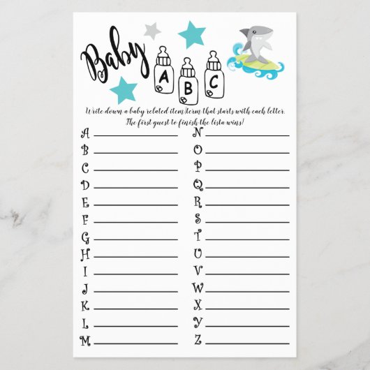 SHARK BABY ABC BABY SHOWER GAME CARD FLYER (Voorkant)