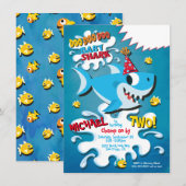 Shark Baby Boy of Girl Birthday Party, uitnodiging (Voorkant / Achterkant)