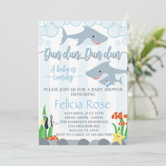 Shark Baby shower Invitation Invite Boy Kaart (Staand voorkant)