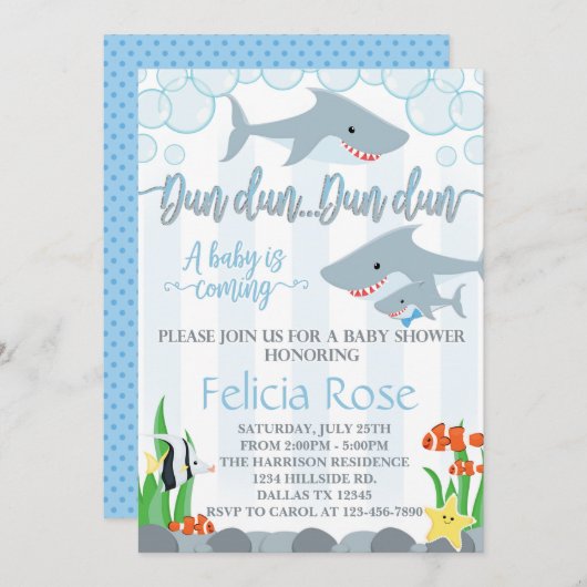 Shark Baby shower Invitation Invite Boy Kaart (Voorkant / Achterkant)