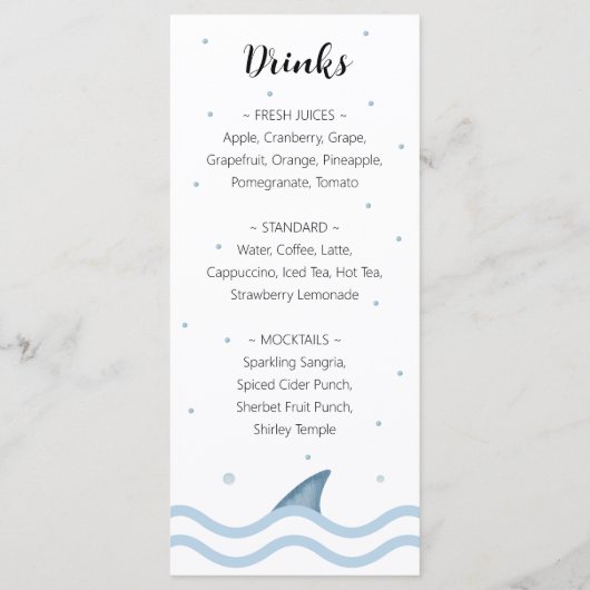 Shark Baby shower Menu met haaienvin en bubbels (Achterkant)